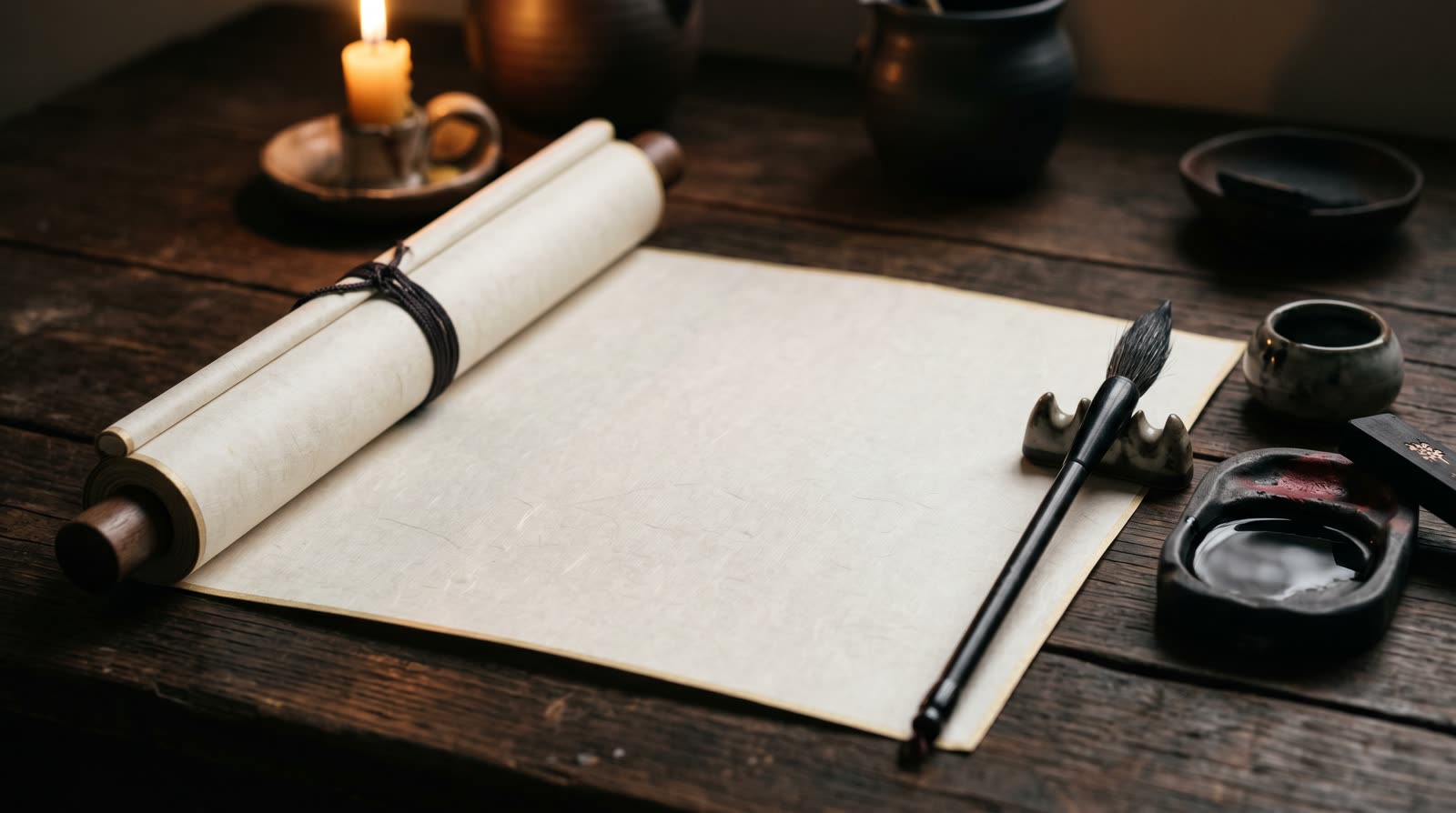 Japanische Schriftrolle mit Kalligrafie-Pinsel bei Kerzenlicht