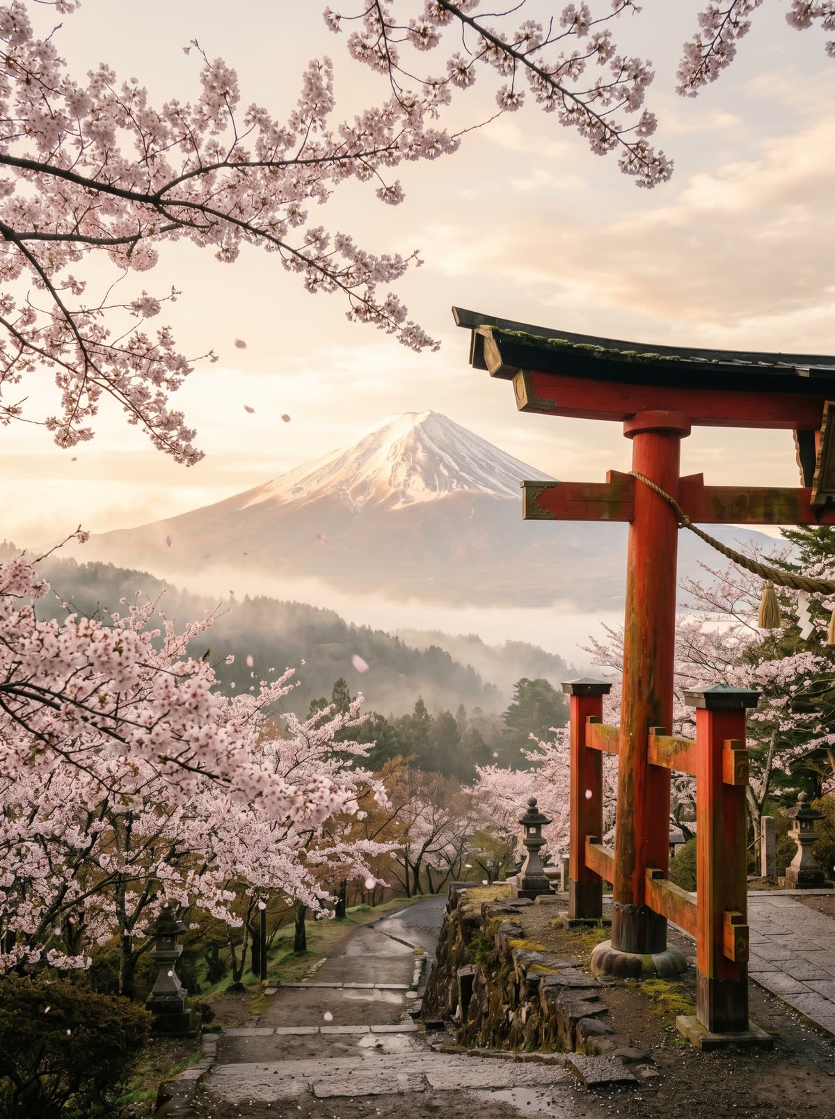 Berg Fuji mit Torii-Tor und Kirschblüten in Abendsonne