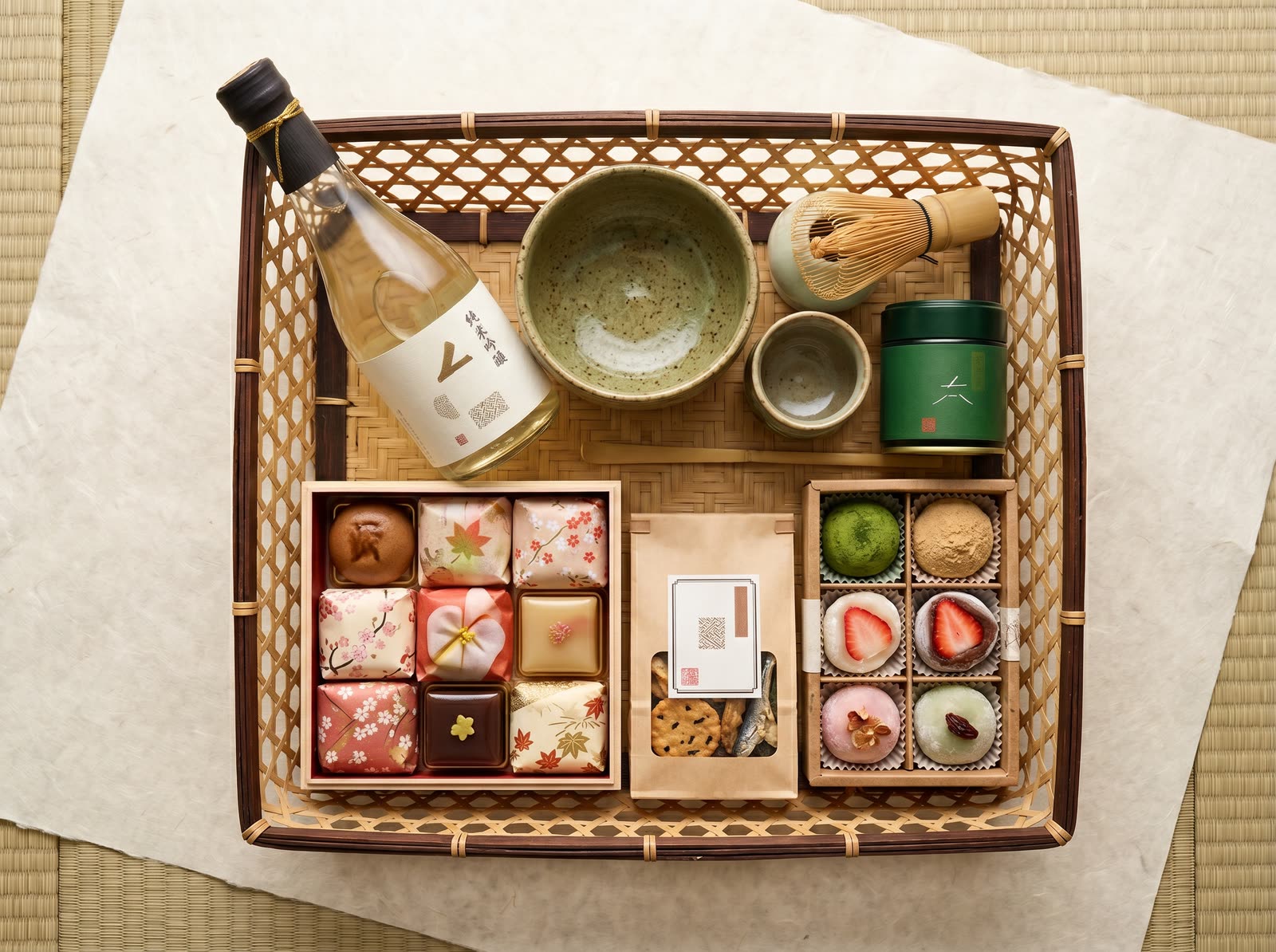 Japan-Gourmet-Korb mit Sake, Matcha und traditionellen Süßigkeiten